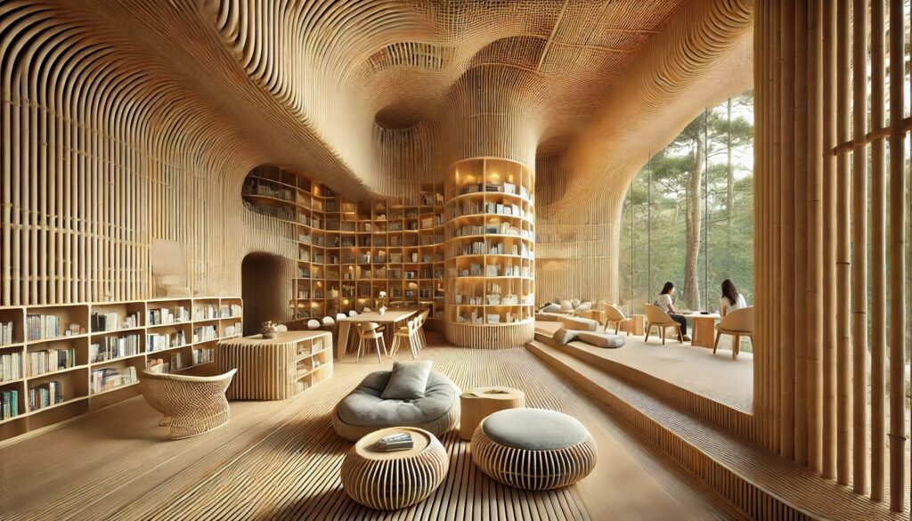 A concept design for a university library, featuring an organic, fluid bamboo interior inspired by the movement of water. The space is filled with natural light and showcases curved bamboo bookshelves, comfortable seating, and study areas designed for an immersive reading experience. Large windows offer a view of the surrounding forest, reinforcing The Bamboo Revolution and its integration of sustainable materials in modern educational architecture