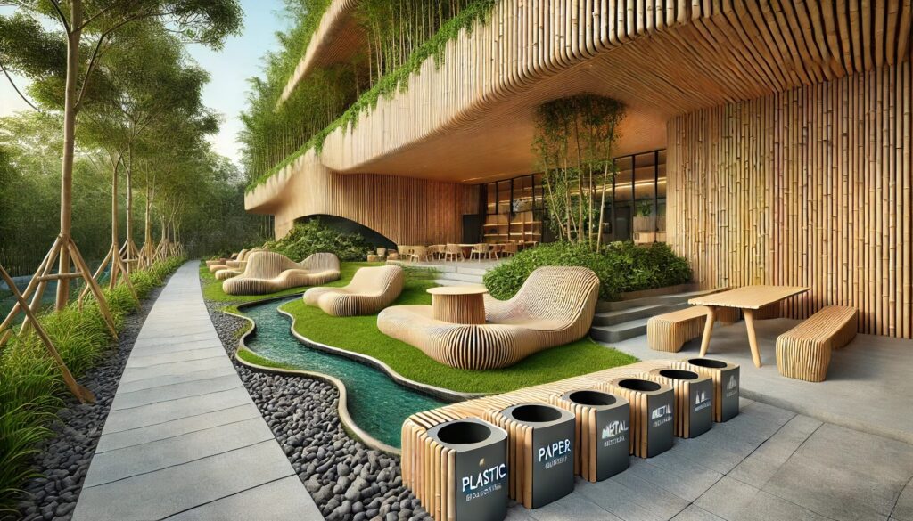 An outdoor café and study area concept designed for a university, seamlessly blending bamboo architecture with a natural landscape. Curved bamboo seating is integrated into the greenery, alongside small streams and shaded walkways. This space, part of The Bamboo Revolution, serves as a social and learning hub, promoting sustainability and biophilic design on campus.