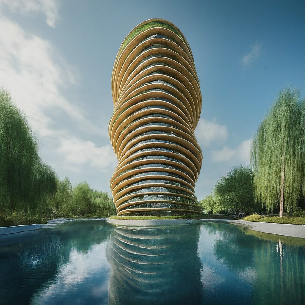 A futuristic biophilic high-rise building with an organic, twisting design made of bamboo, reflecting in a serene water body. The structure is surrounded by lush greenery, including willow trees, under a bright blue sky. This architectural masterpiece represents The Bamboo Revolution, showcasing the potential of sustainable bamboo materials in eco-friendly urban development.