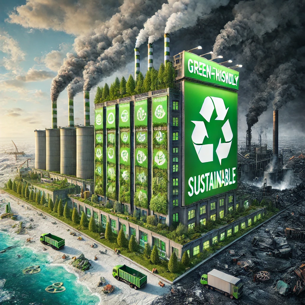 an image showing deceptiveness of greenwashing. The building pollutes the environment while the building is decorated with plants and a sustainable sign