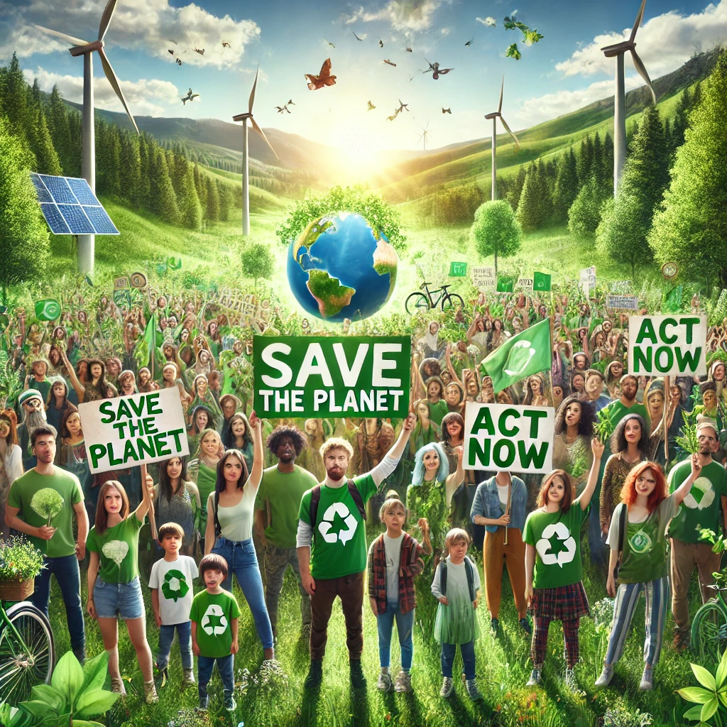 Green Activism vs. Greenwashing - An AI-generated image of activists in a valley with signs that say save the planet and act now