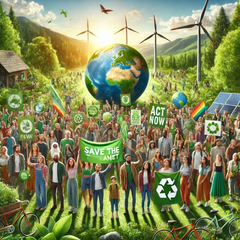An image showing green activists in a valley with wind turbines and pine trees and the healthy planet behind them