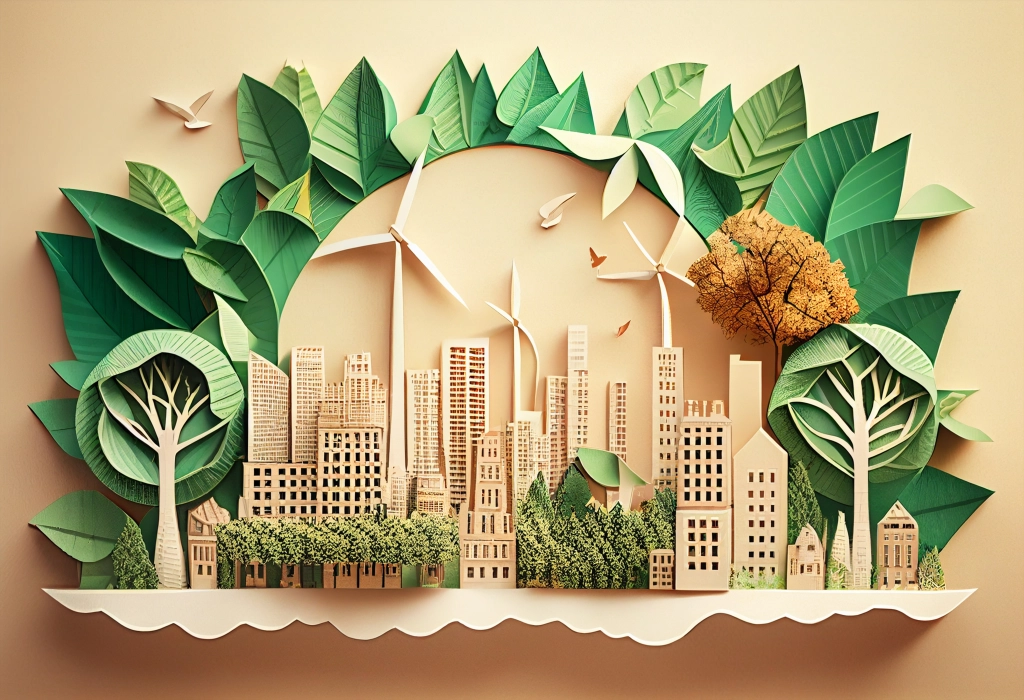 UHI - Urban Heat Island effect - Paper cut eco city landscape with wind turbines. Paper art style. illustration. generative AI