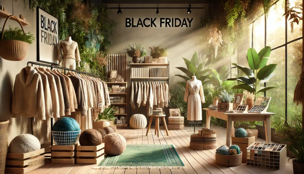 An artistic and visually appealing scene illustrating eco-friendly shopping encouraging zero-waste for Black Friday. The image showcases a serene thrift clothing accessories and other gift options