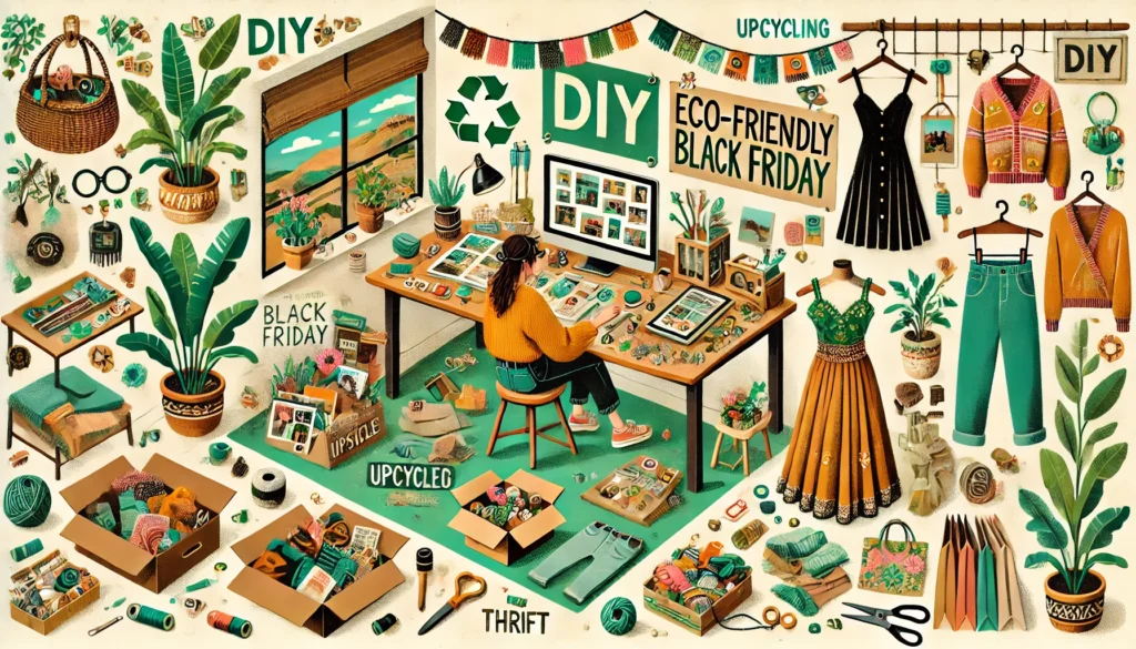 A vibrant and creative illustration showcasing DIY, upcycling, and thrift shopping for eco-friendly Black Friday. The scene features several used goods being upcycled into brand new items