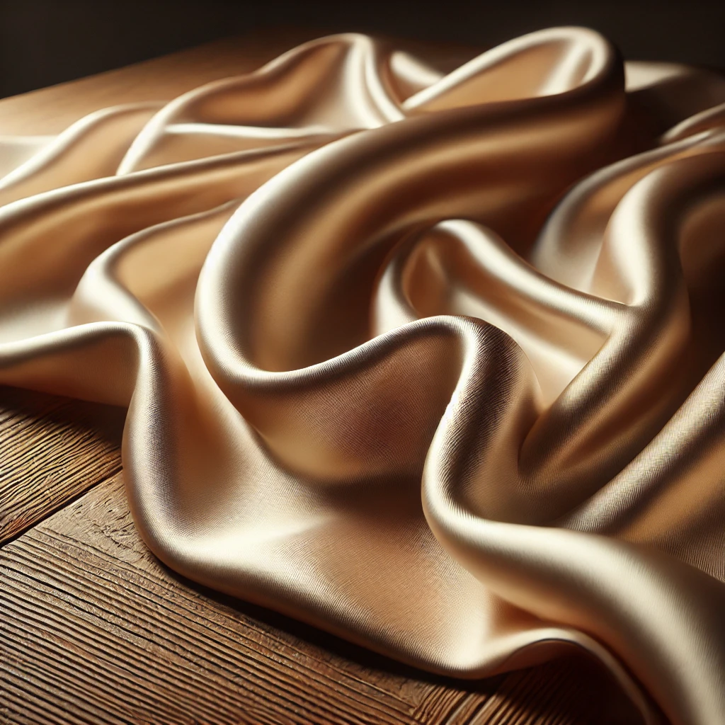 A luxurious close-up of silk fabric with a smooth, flowing texture, reflecting light softly. The fabric appears elegant and rich, draped over a natural wooden surface, emphasizing its organic origins. A warm, neutral color palette enhances the silky sheen.