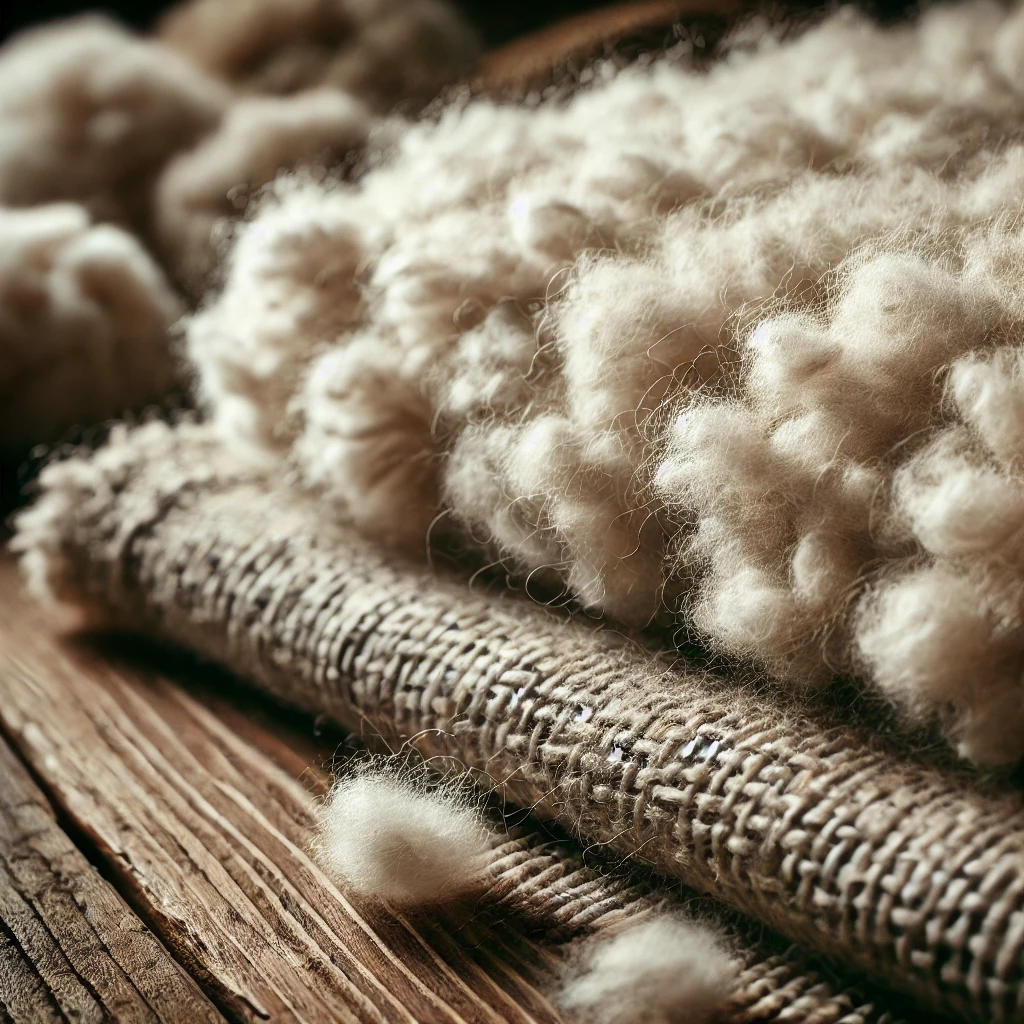 A detailed close-up of wool fabric, showcasing its soft and cozy texture. The material appears fluffy and warm, with natural, neutral tones. A rustic background with wooden elements highlights the organic nature of wool, making it feel comforting and sustainable.