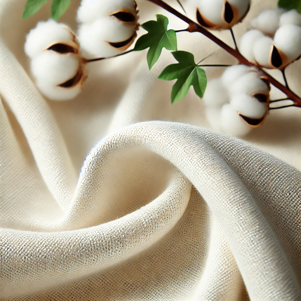A close-up of organic cotton fabric, soft and breathable, in a natural off-white color. The texture is slightly textured but smooth, with gentle folds to highlight its flexibility. The background features cotton plants to emphasize its organic origin.