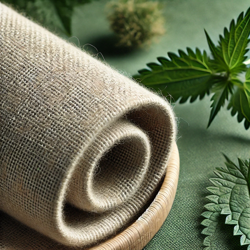 A close-up of nettle fibre fabric, showing a smoother yet durable texture. The fabric is in natural beige-green tones, highlighting its refined and organic feel. The background features nettle plants and fibres, emphasizing its eco-friendly and renewable origin.