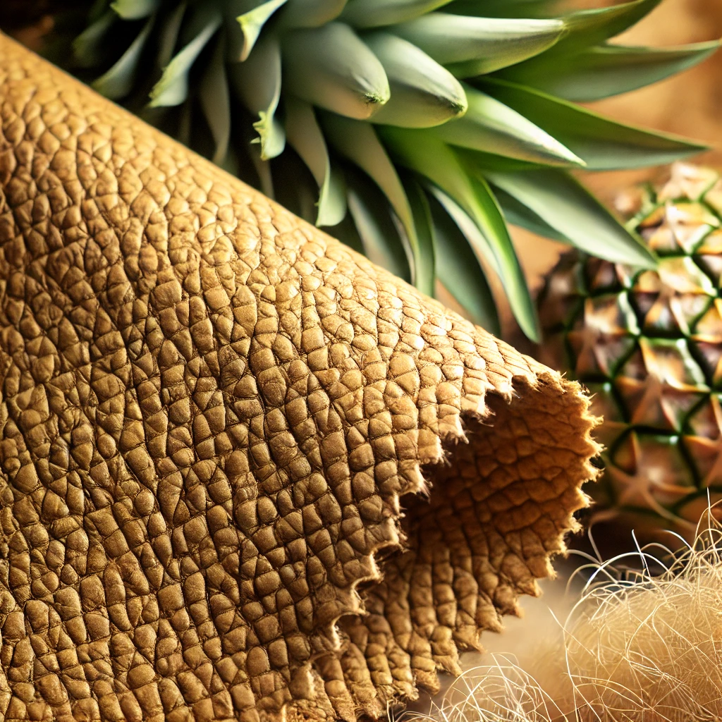 A close-up of Piñatex fabric, a sustainable textile made from pineapple leaf fibres. The fabric has a slightly textured surface resembling leather, with a soft golden-brown hue. The background features pineapple leaves and fibres, highlighting its eco-friendly and plant-based origin.