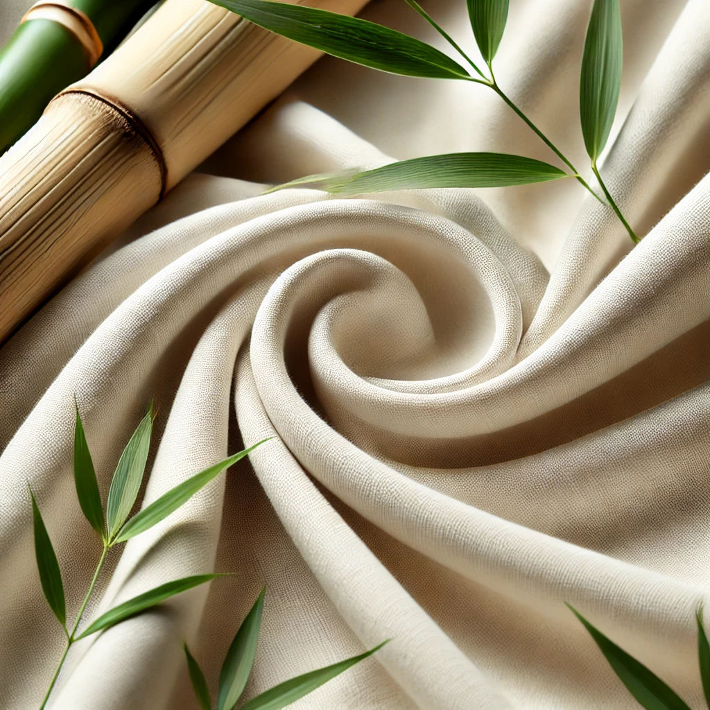 A close-up of bamboo lyocell fabric, showing its smooth, soft, and lightweight texture. The fabric has a natural sheen and drapes fluidly. The background features fresh bamboo stalks and leaves, highlighting its sustainable and eco-friendly origin.