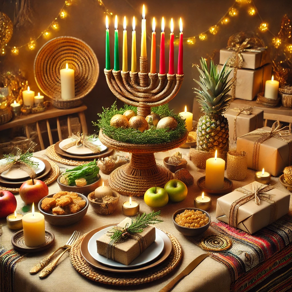 A warm and vibrant Kwanzaa celebration featuring a kinara with lit candles at the center of a festive table. The table is set with plant-based dishes served on reusable plates, surrounded by handmade gifts wrapped in cloth and natural materials. The setting includes traditional African-inspired decorations with woven baskets and symbolic items, promoting sustainability and cultural heritage.