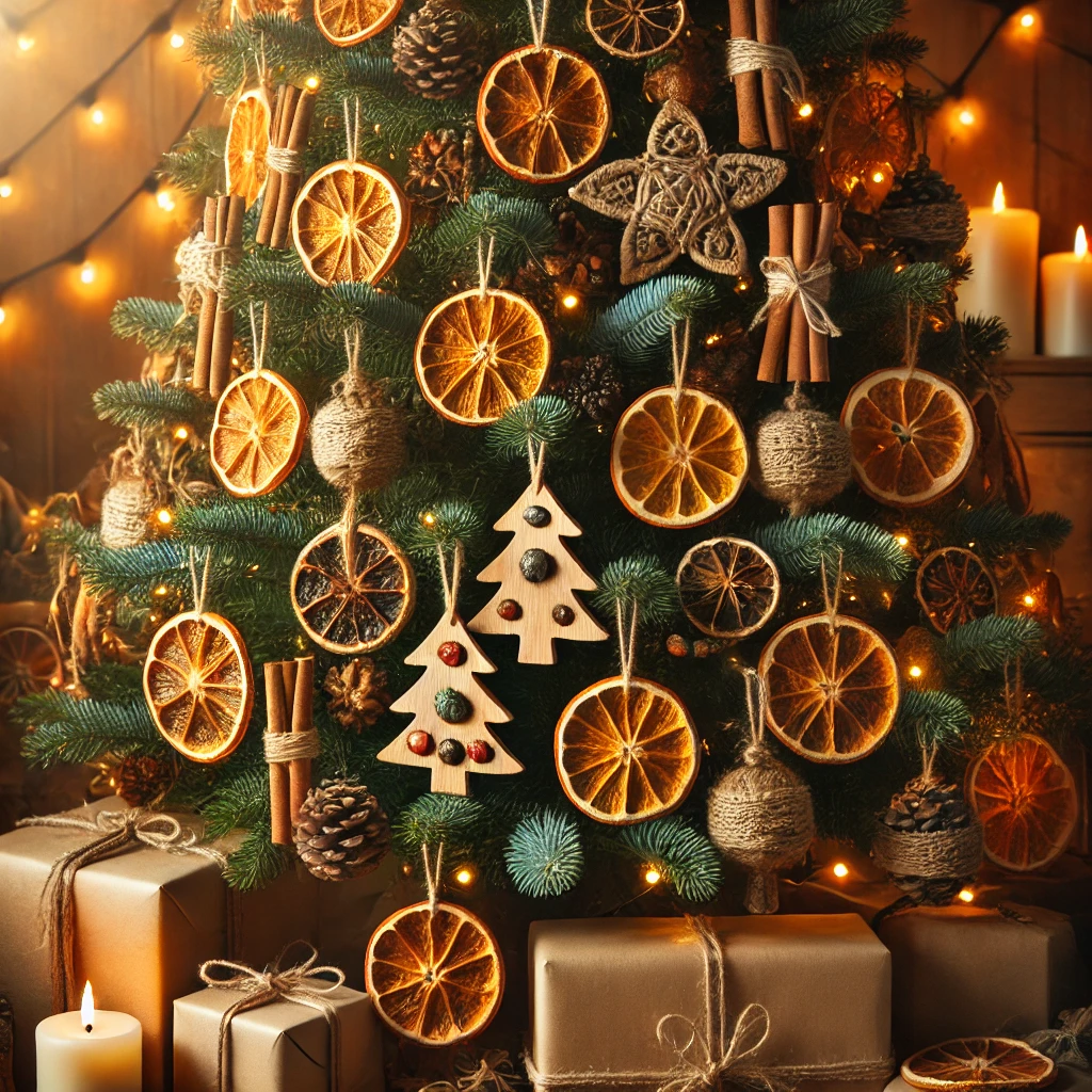 A beautifully decorated Christmas tree with a rustic and eco-friendly theme. The tree is adorned with dried orange slices, cinnamon sticks, and handcrafted wooden ornaments. Underneath the tree, gifts are wrapped in recycled paper and tied with twine, promoting a sustainable holiday celebration. The background features warm, ambient lighting, creating a cozy and festive atmosphere.