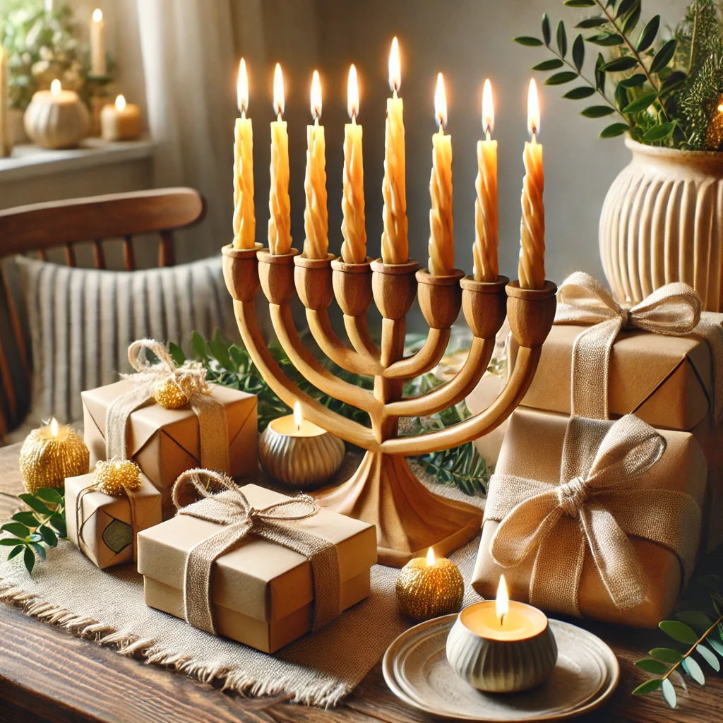 A beautifully set Hanukkah table featuring a traditional menorah with exactly nine beeswax candles glowing warmly. The table is made of sustainable wood and decorated with eco-friendly gifts wrapped in reusable cloth. The setting includes natural elements like greenery and wooden accents creating a cozy and sustainable holidays atmosphere.