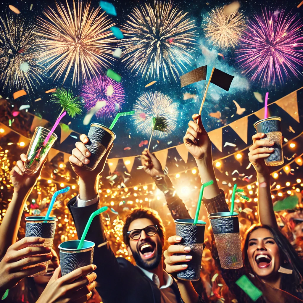 A lively New Year's Eve celebration with a group of friends cheering with reusable glasses. Biodegradable confetti fills the air as a spectacular fireworks display lights up the night sky in the background. The setting promotes sustainability with eco-friendly decorations and a vibrant yet environmentally conscious atmosphere.