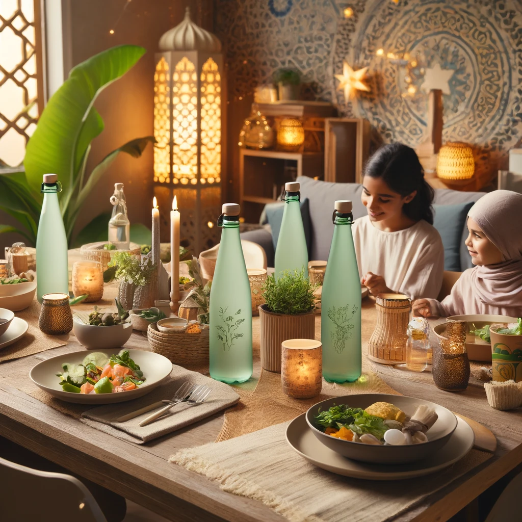 A warm Thanksgiving gathering with a family enjoying a feast at a large wooden dining table. The table is set with reusable plates, glassware, and cloth napkins, creating an eco-friendly setting. Nearby, a compost bin is placed for food scraps, promoting sustainability. Natural autumn-themed decorations such as pumpkins, leaves, and candles enhance the festive atmosphere.
