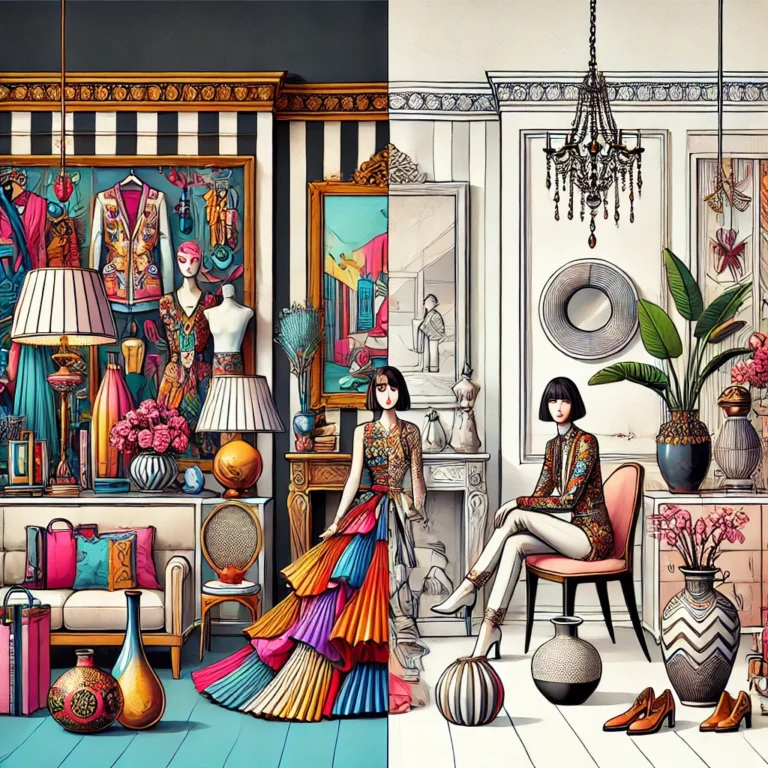 a split-screen illustration showcasing maximalism vs minimalism, with both styles highlighting their unique elegance and sophistication through stylish and fancy elements. Let me know if you'd like any further adjustments!