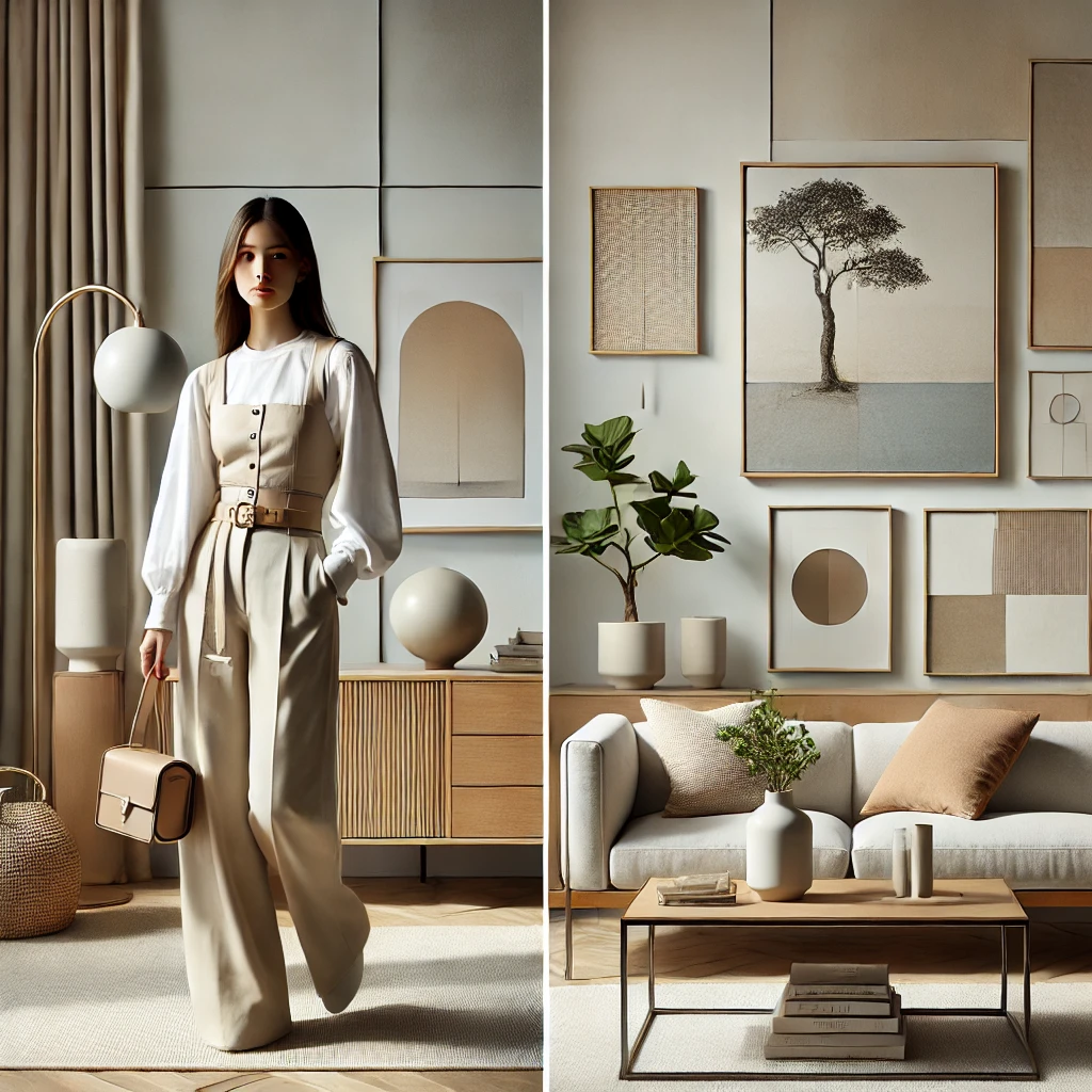 an illustration of a modern-traditional minimalist room paired with a stylish minimalist fashionista who curates thrifted high-end vintage clothing. Let me know if you'd like any modifications or enhancements!