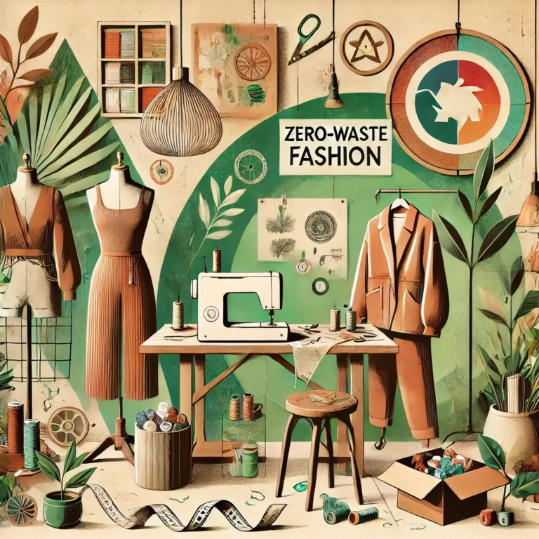 an illustration representing zero-waste fashion, showcasing a creative studio with sustainable fashion elements. Let me know if you’d like any adjustments or additional details!