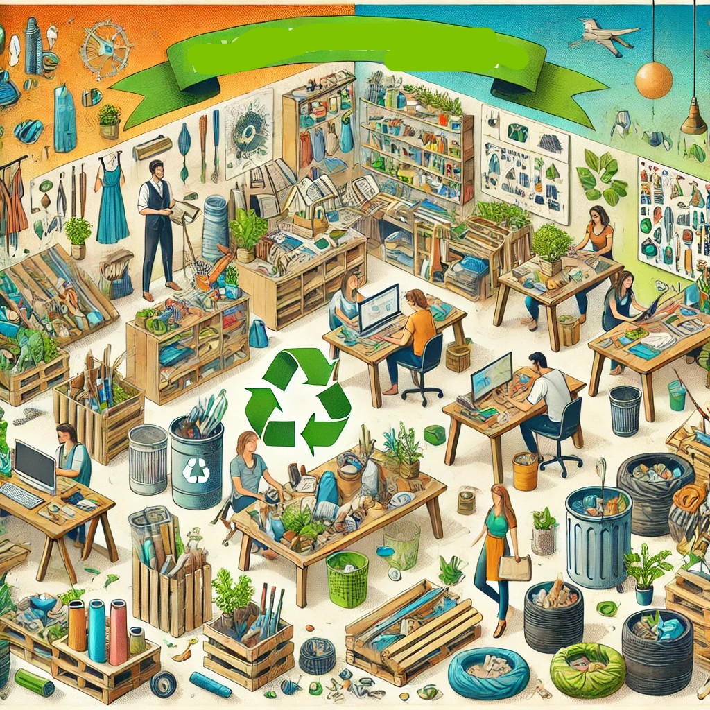 an illustration showcasing waste entrepreneurship, highlighting innovative recycling and upcycling projects in a vibrant workshop. Let me know if you'd like any adjustments or further enhancements!