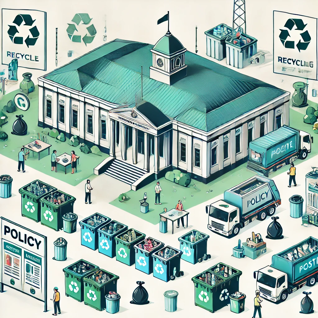 an illustration depicting government waste management and recycling policy, showcasing a clean urban environment with active participation in waste segregation and recycling efforts. Let me know if you'd like any refinements or additional details!