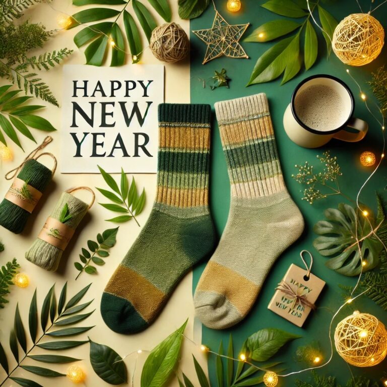 Bambuja happy new year post with socks and plants on a plant covered festive new year background